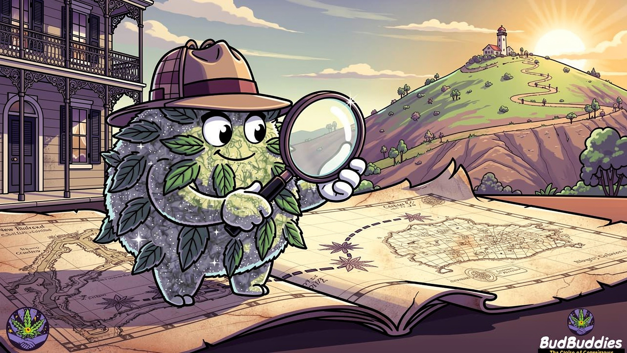 Cartoon bud character tracing Bubba Kush origins on map