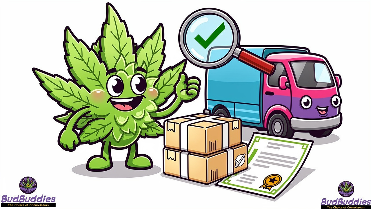 Cartoon bud character with lab certificate and parcels