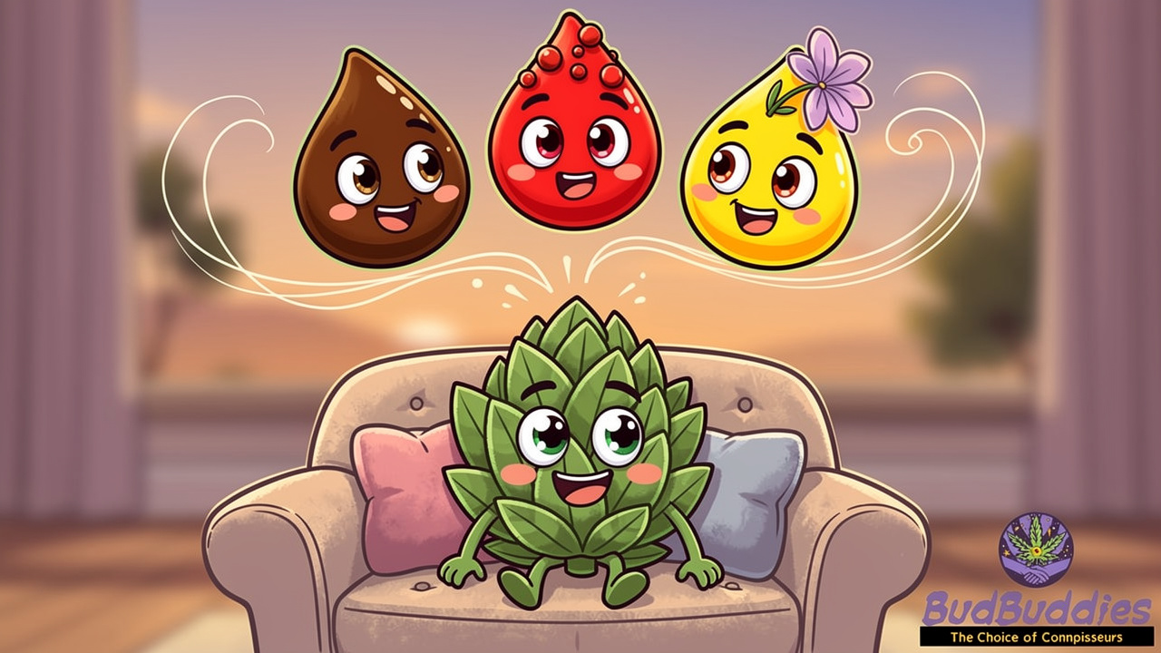 Cartoon terpene characters floating above Bubba Kush bud