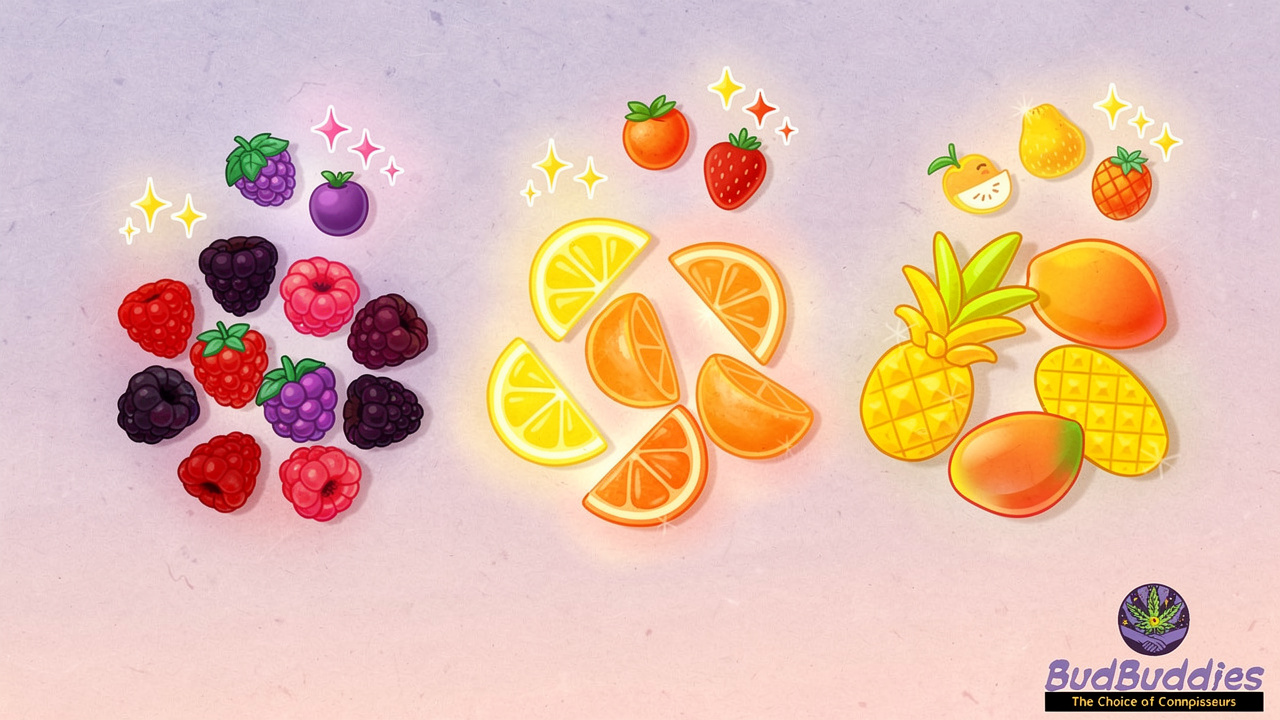 Colourful berry citrus and tropical THC gummies illustration