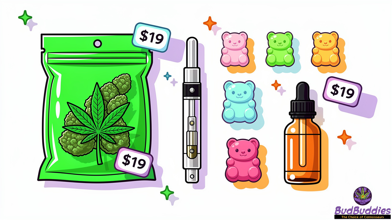 Cartoon cannabis flower edibles vapes and CBD product range