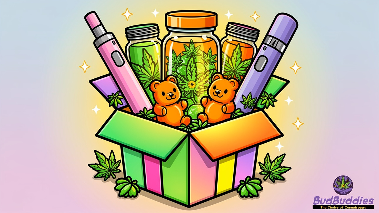 Cartoon bundle box filled with cannabis flower vapes edibles