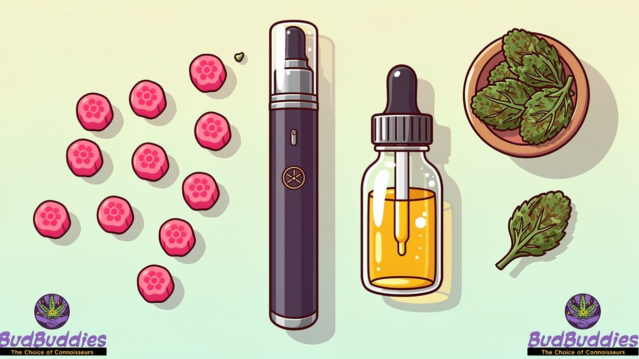 Assorted cannabis products including gummies, vape, and oil