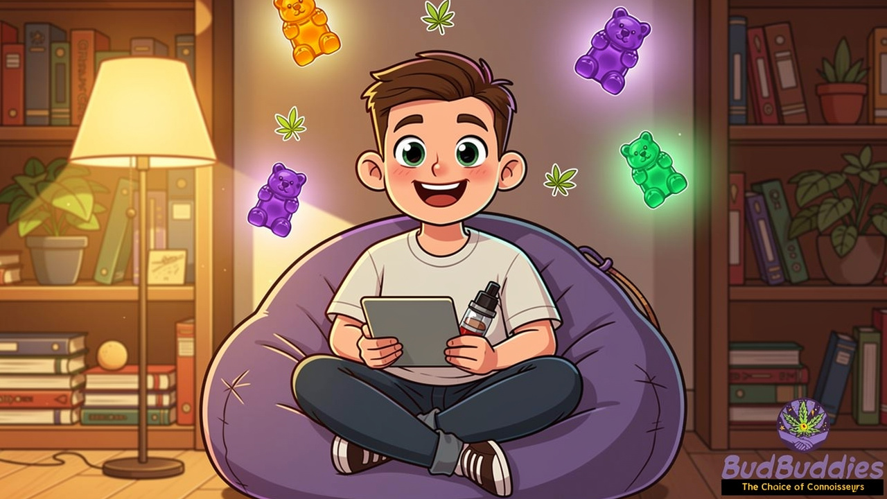 Cartoon student exploring cannabis product range at home
