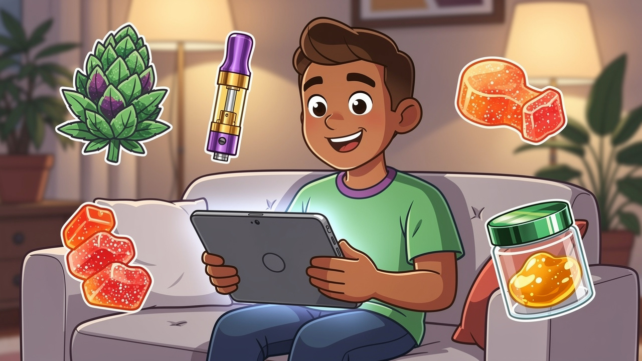 Cartoon character browsing premium cannabis products online at home