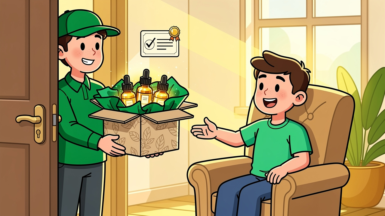 Cartoon character receiving a cannabis oil delivery at home