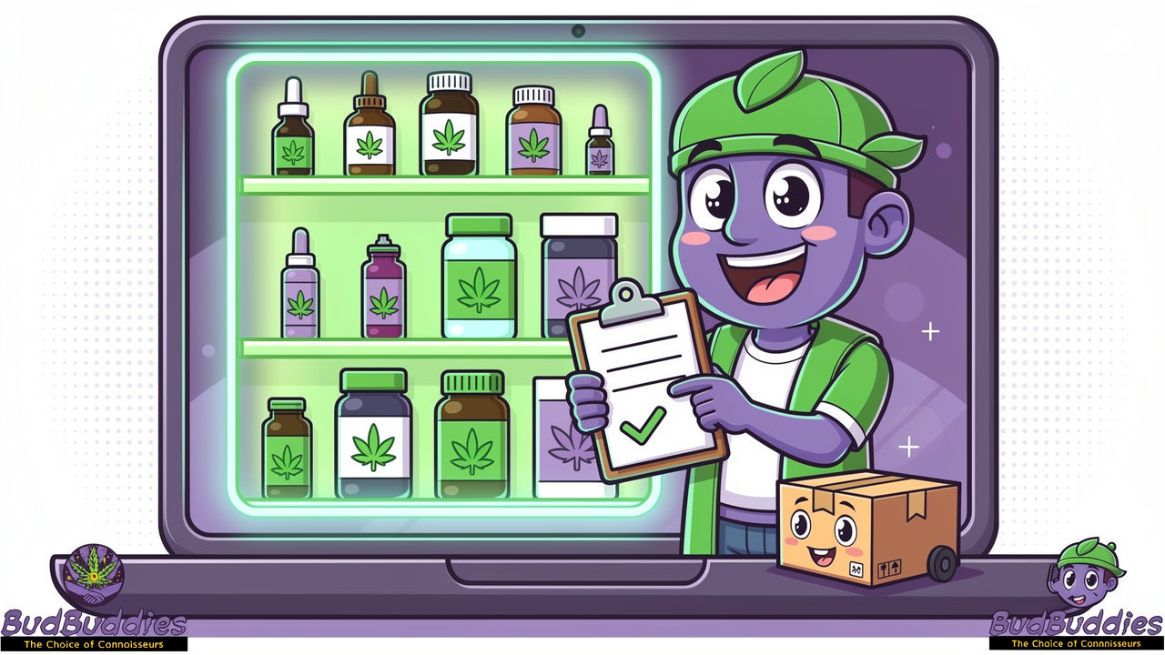 Cartoon of a curated UK CBD hemp product shop with lab testing