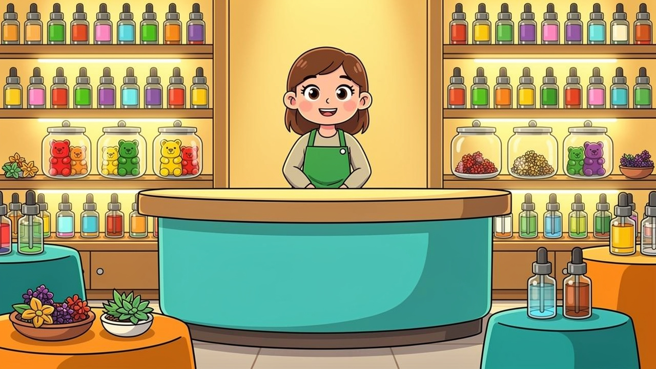 Cartoon cannabis wellness shop with CBD oils gummies and flower products