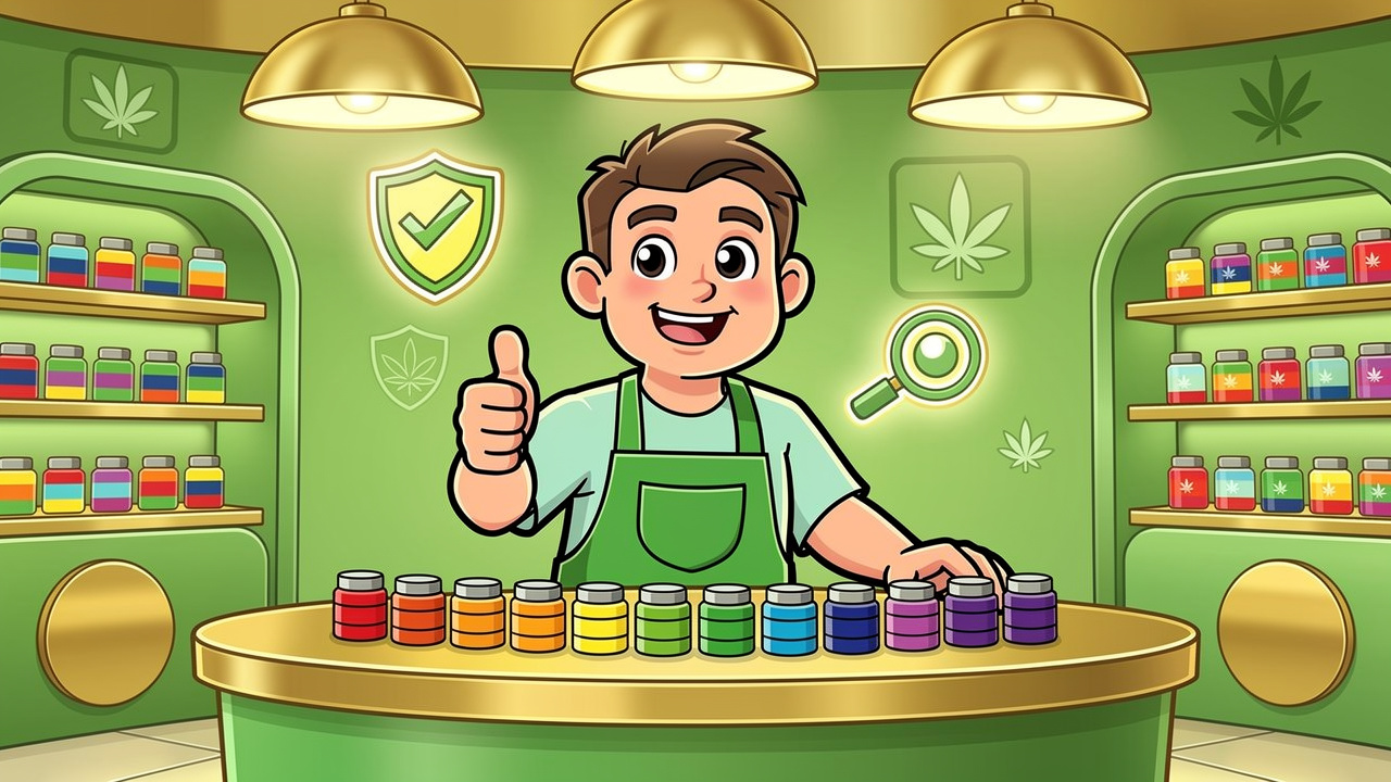 Cartoon dispensary assistant helping choose balanced cannabis products
