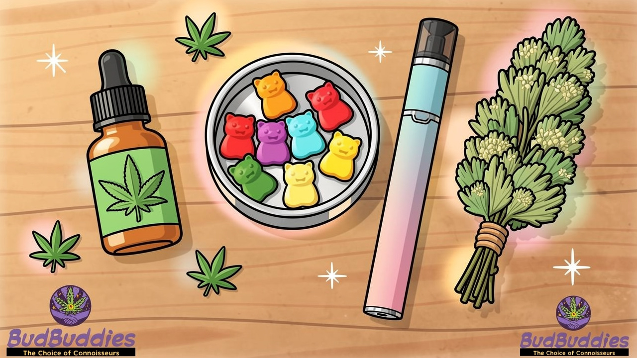 Cartoon display of CBD oil edibles vape and cannabis flower products