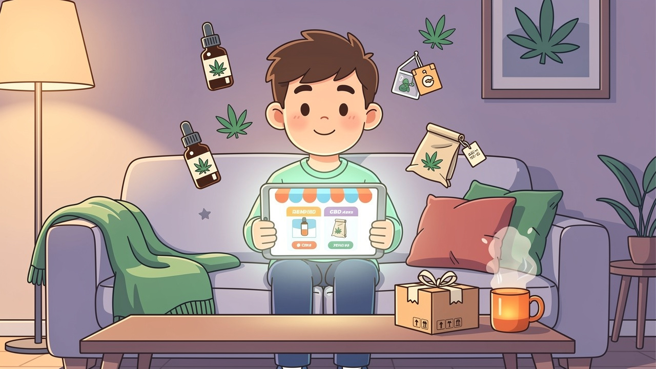 Cartoon character browsing CBD products online while waiting for clinic