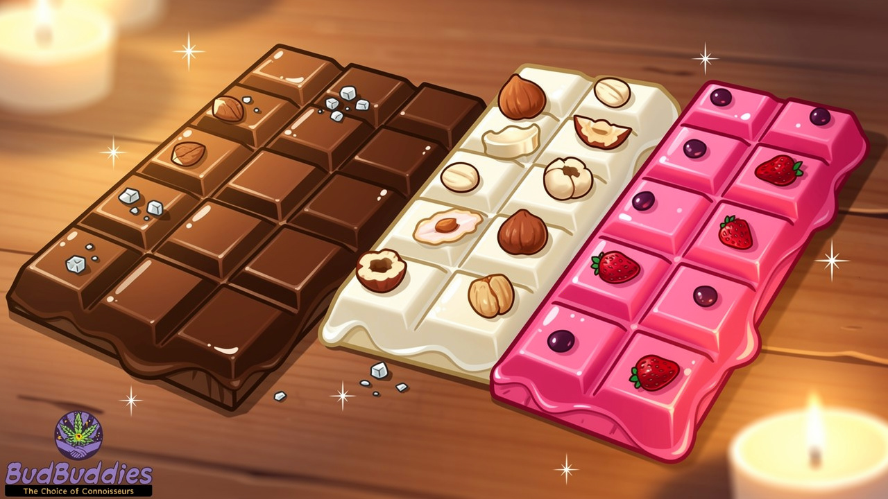 Assorted BudBuddies THC chocolate bar flavours cartoon illustration