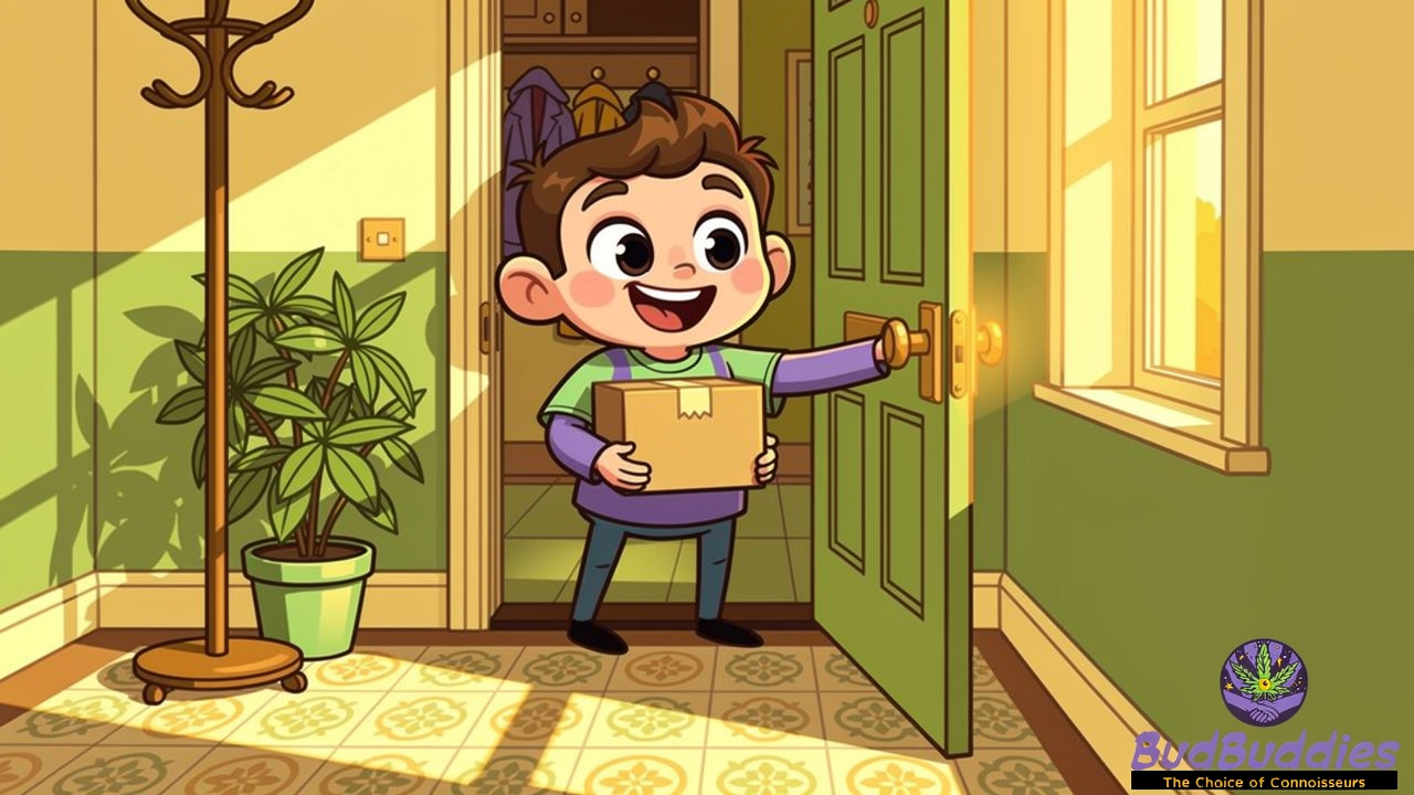 Cartoon character receiving cannabis delivery at front door