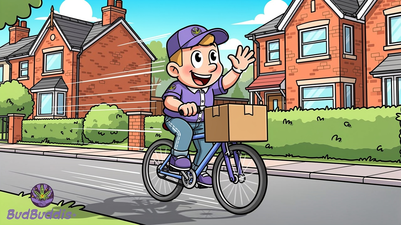 Cartoon delivery character cycling with plain discreet parcel in basket