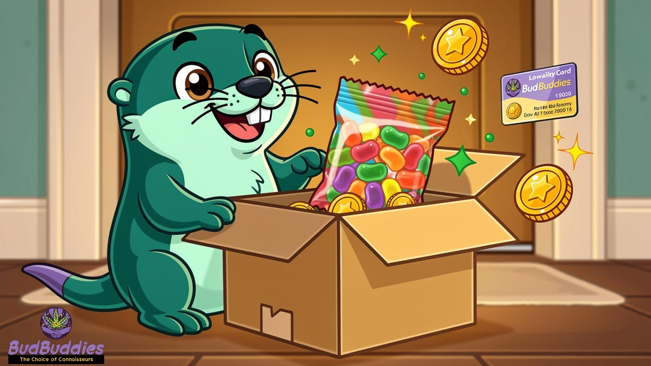 Cartoon otter receiving discreet gummy delivery with rewards