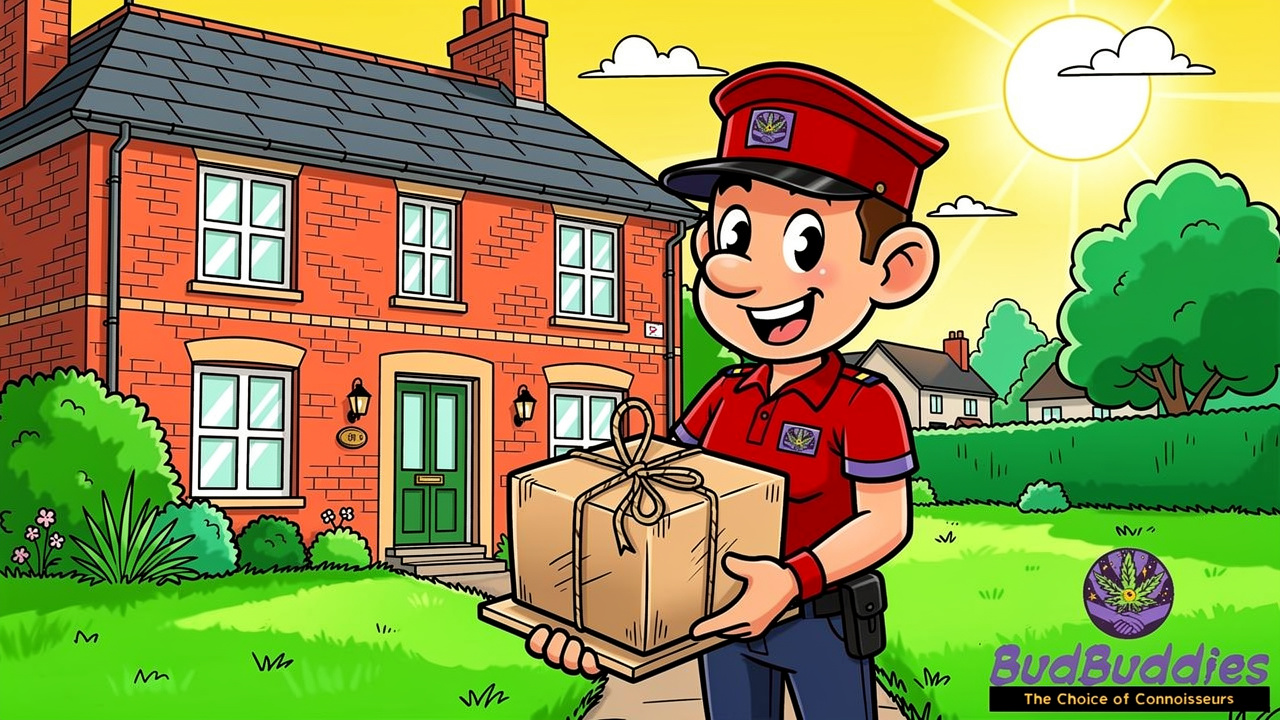Cartoon postman delivering a plain discreet parcel to a home