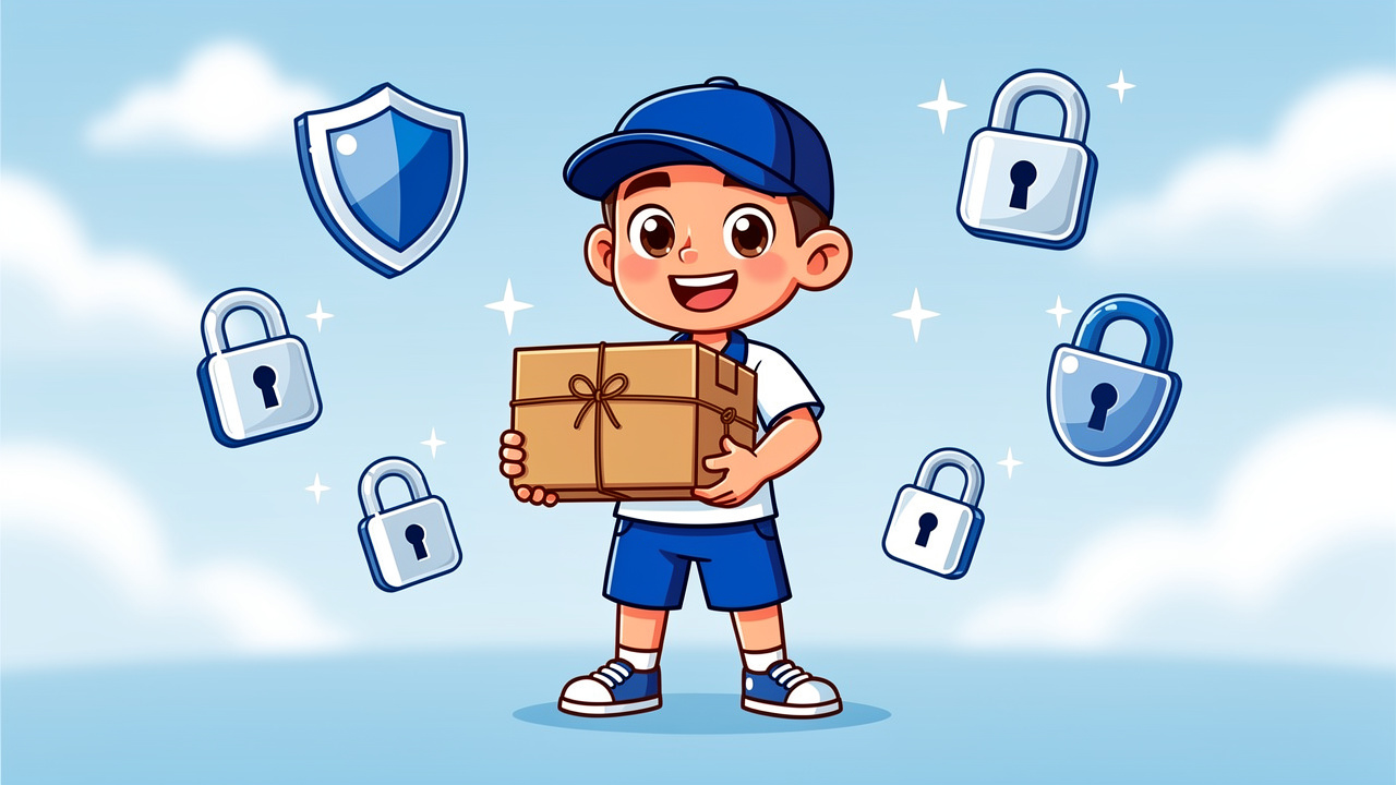 Friendly cartoon delivery character with discreet plain packaging