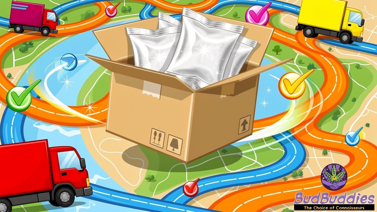 Cartoon illustration of unmarked package delivery in transit