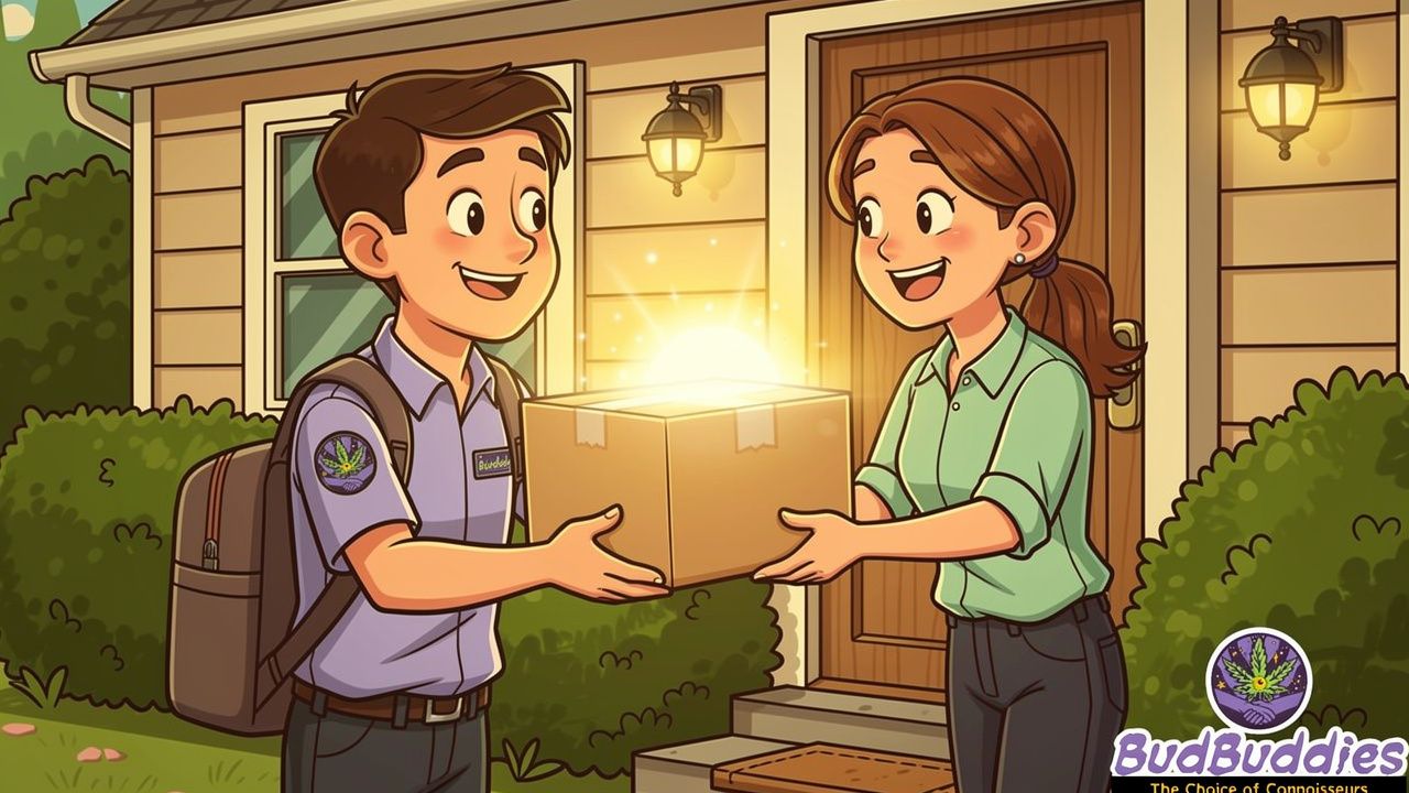 Cartoon courier delivering a discreet plain parcel at door