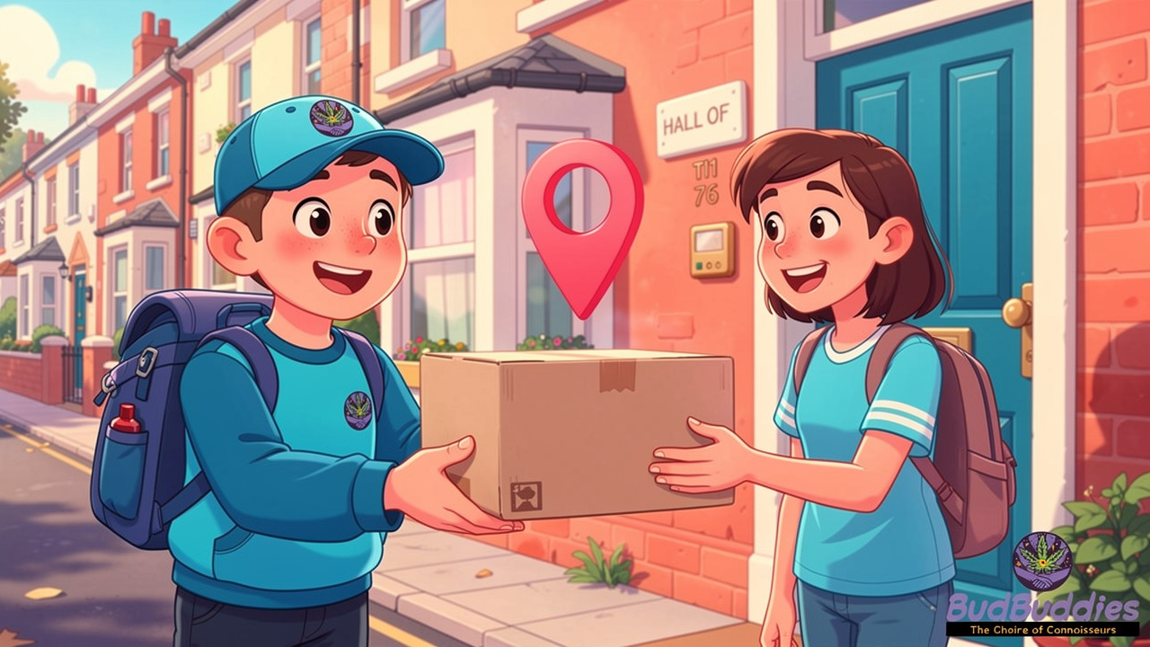 Cartoon delivery of plain unmarked parcel to student at halls door