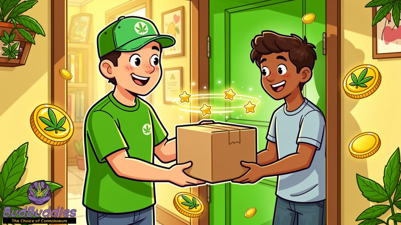 Cartoon student receiving discreet BudBuddies cannabis delivery