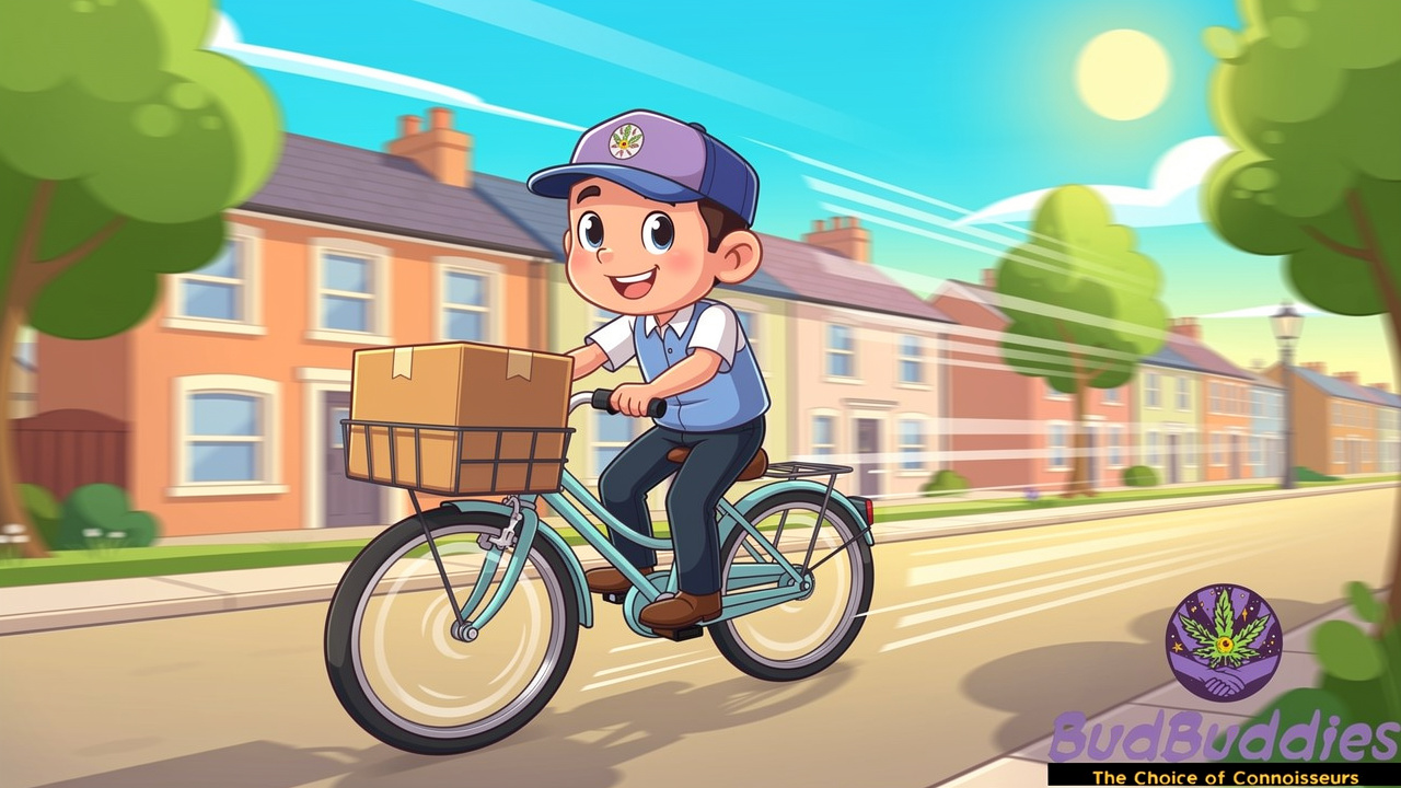 Friendly delivery character cycling with plain parcel through UK street