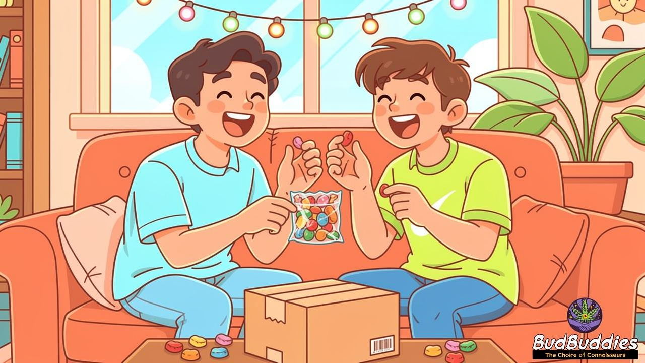 Cartoon students sharing gummies from a discreet delivery parcel