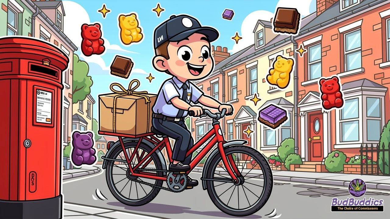Cartoon delivery character bringing discreet THC edibles across the UK