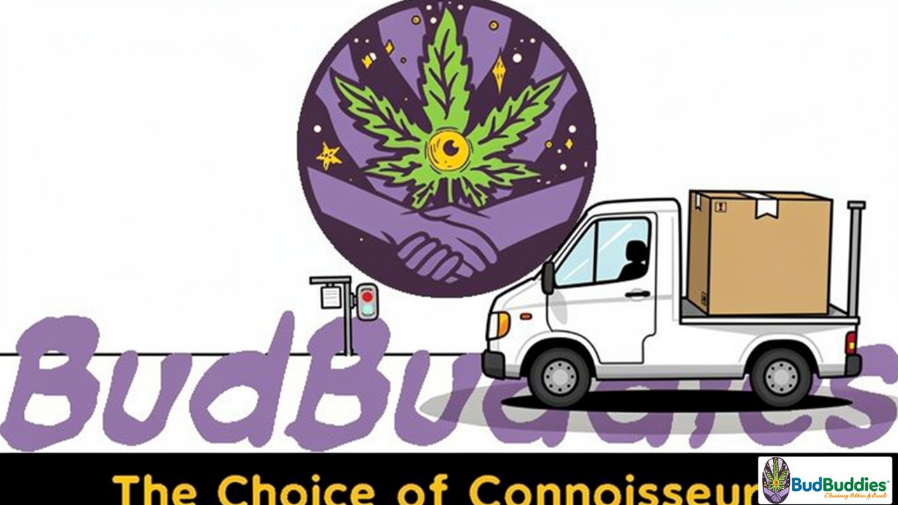 Cartoon of discreet BudBuddies delivery arriving at UK door