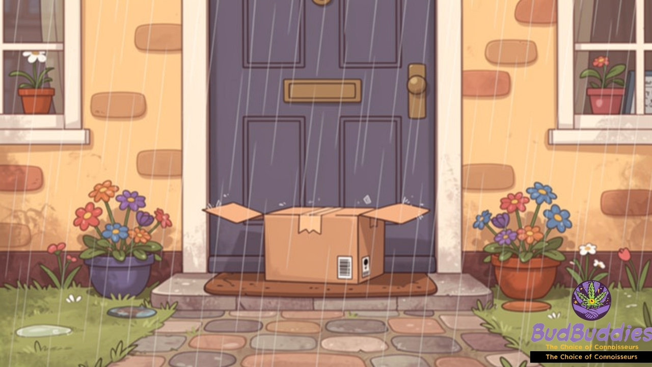 Cartoon of discreet cannabis parcel delivered to UK home