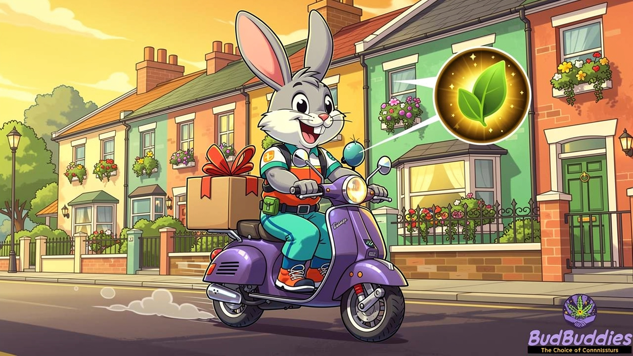 Cartoon rabbit delivering discreet THC gummies parcel UK