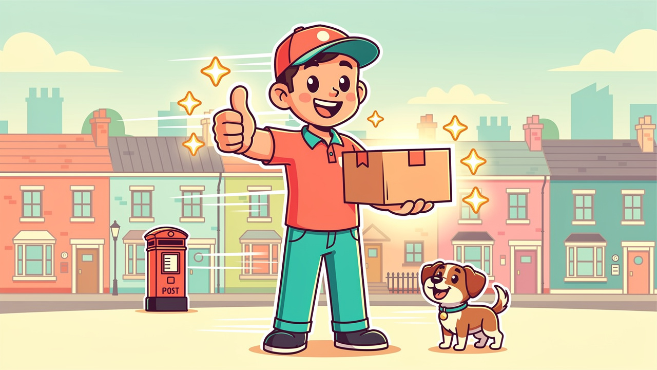 Cartoon delivery character with discreet parcel across UK towns