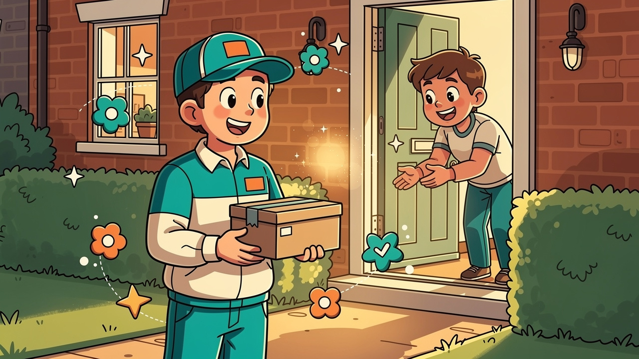 Cartoon of discreet premium cannabis delivery at UK door
