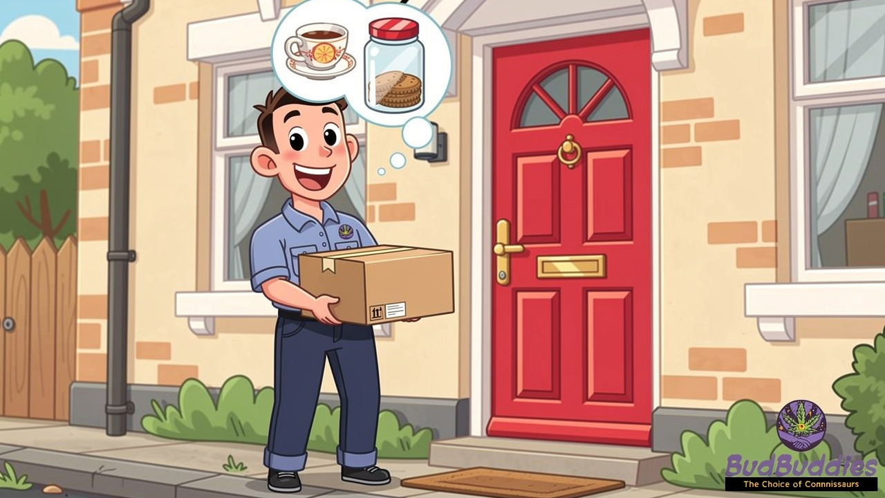 Cartoon delivery character with plain parcel at UK front door