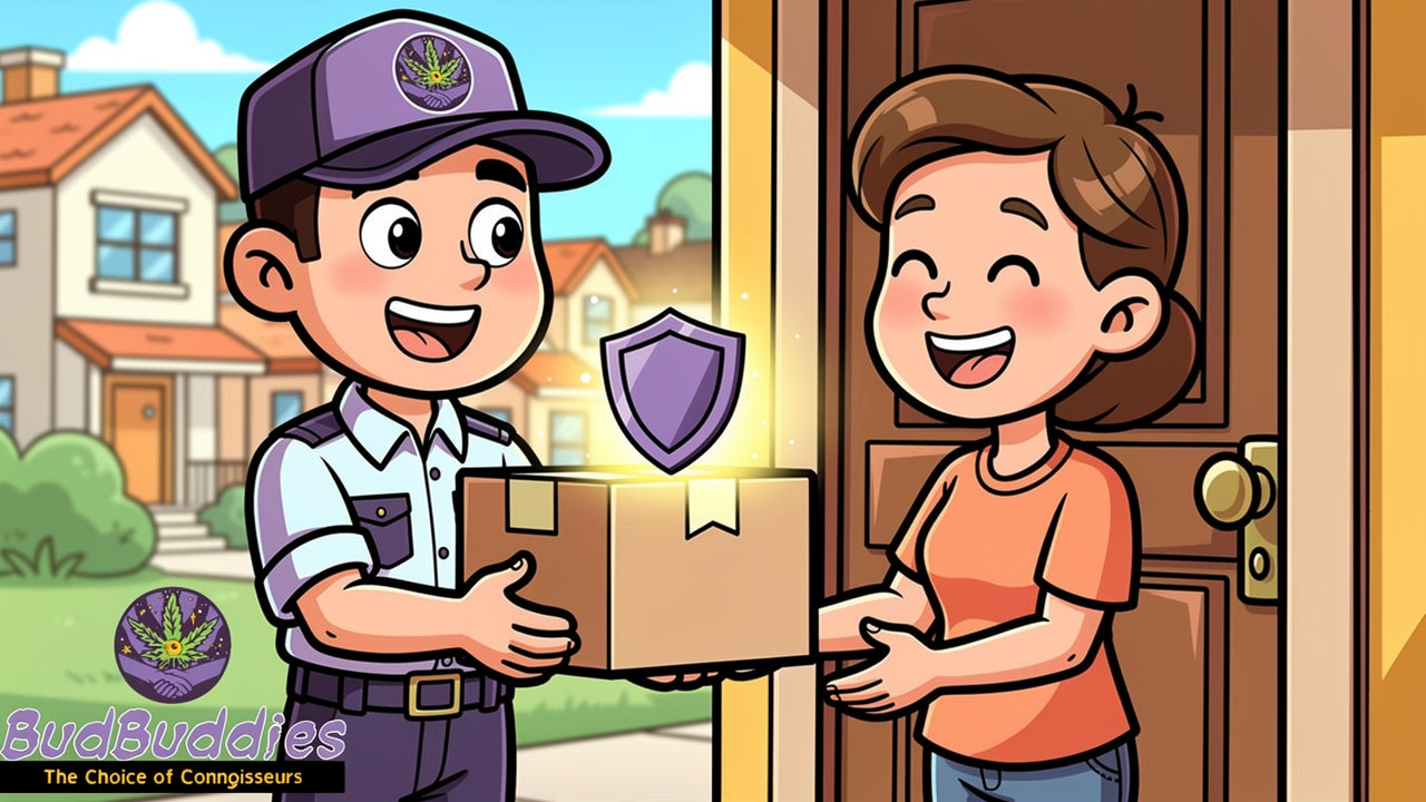 Cartoon discreet delivery of THC gummies to happy UK customer