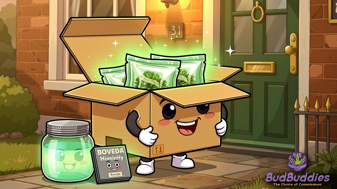 Cartoon BudBuddies discreet fresh cannabis delivery packaging