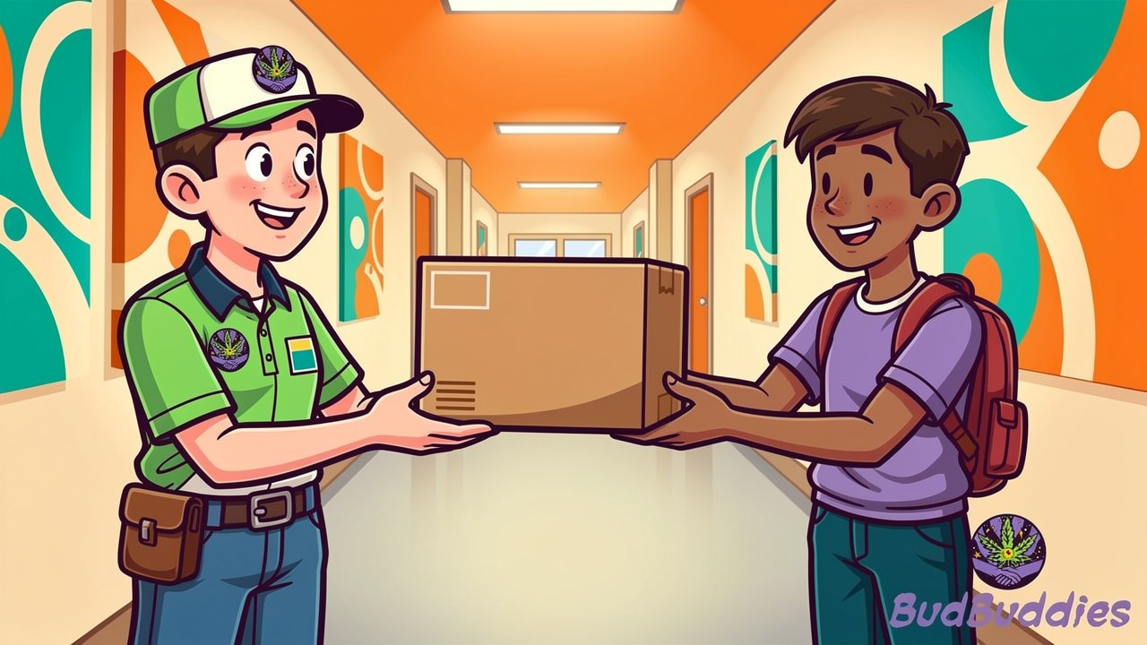 Cartoon student receiving a plain discreet parcel at halls