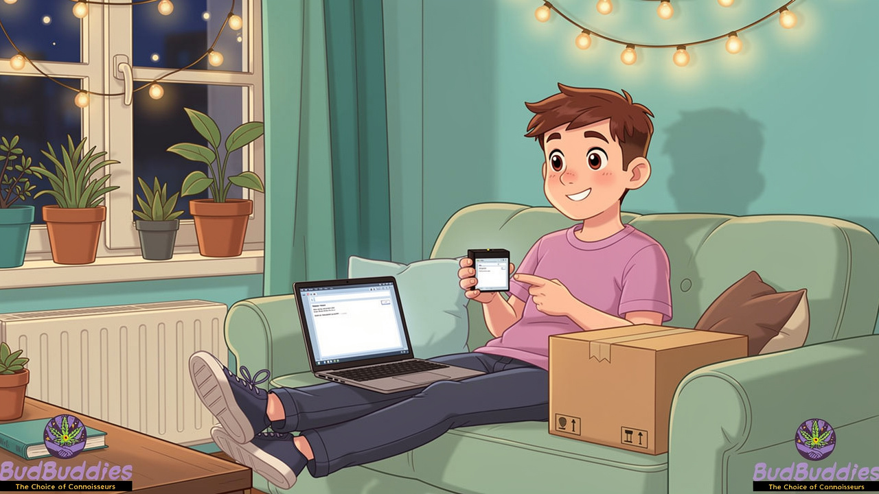 Cartoon student receiving discreet cannabis delivery at home