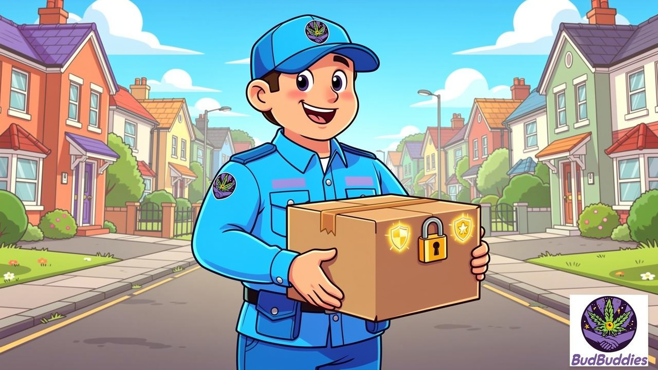 Cartoon delivery character with discreet unmarked THC parcel in UK