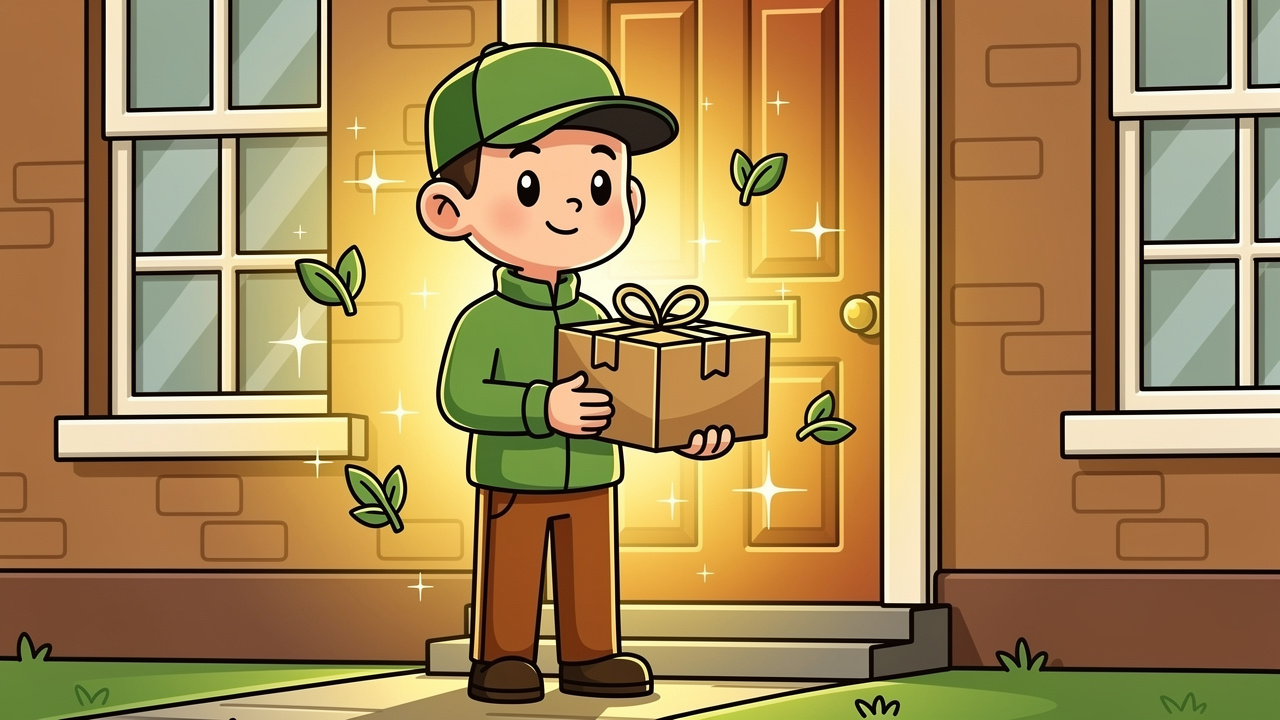 Cartoon of discreet premium cannabis delivery at a UK doorstep