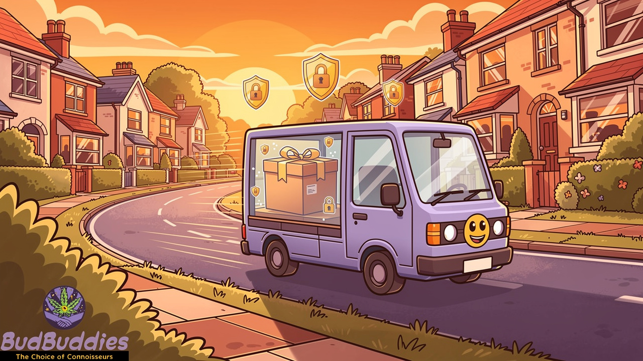 Cartoon delivery van making discreet cannabis parcel delivery across UK