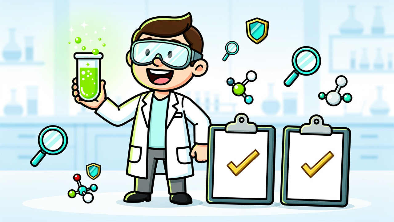 Cartoon scientist verifying cannabis lab test results for quality