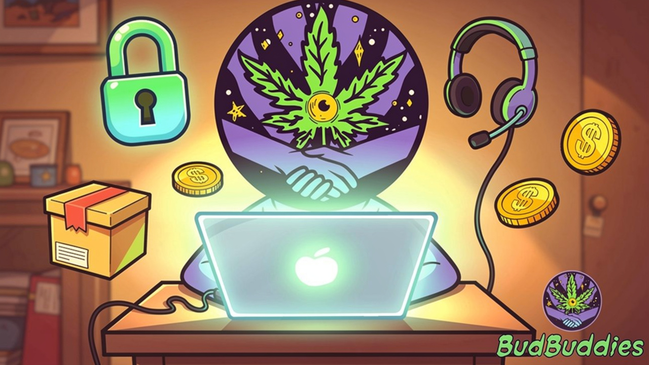 Cartoon showing easy secure online THC vape shopping experience