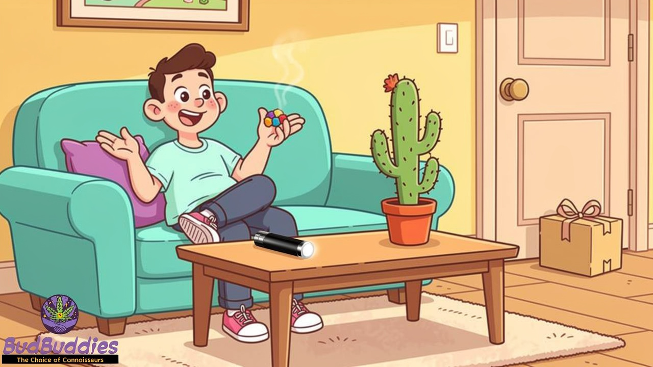 Cartoon of edibles and vape pen for discreet use