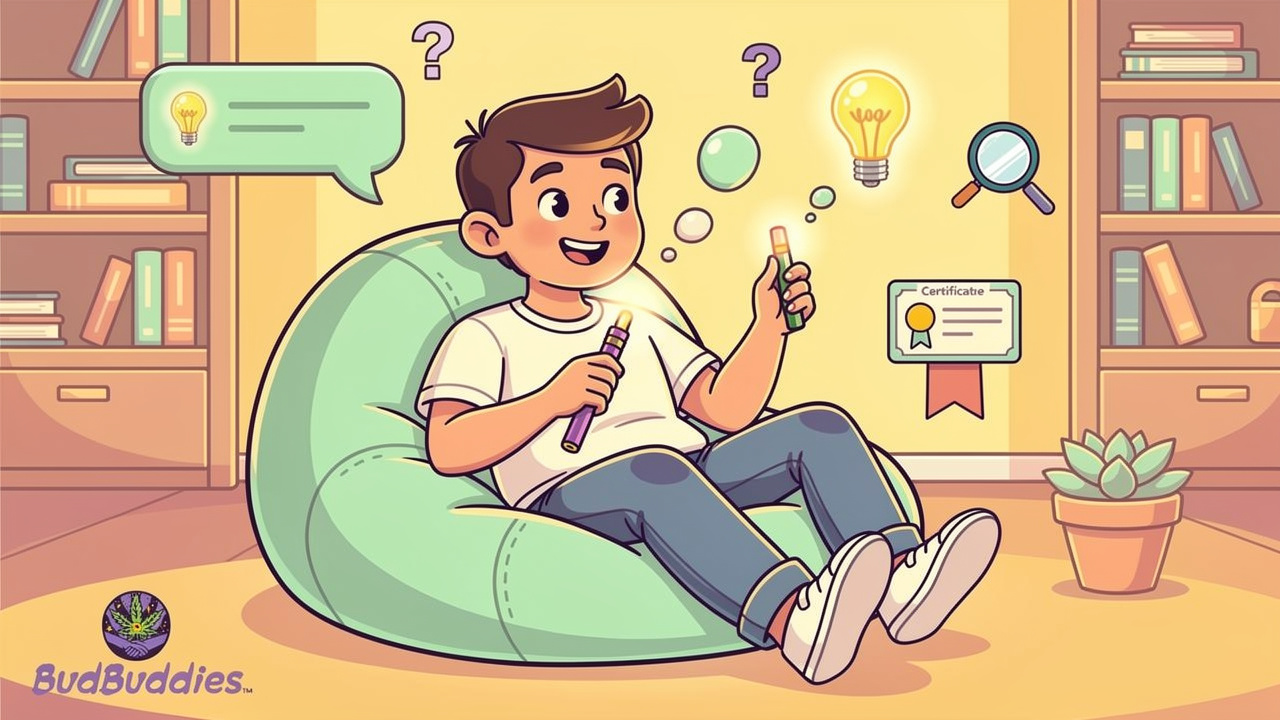 Cartoon student relaxing with vape pen and helpful tips