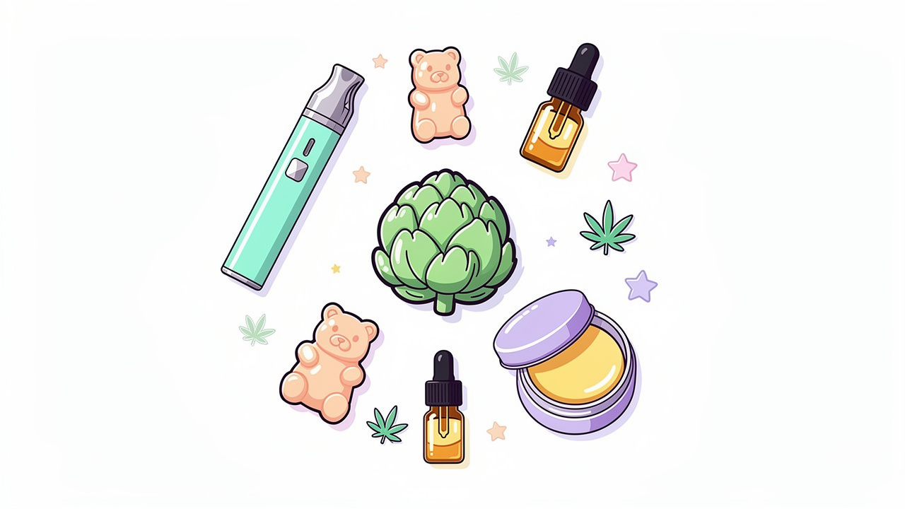Colourful cartoon display of BudBuddies cannabis product range