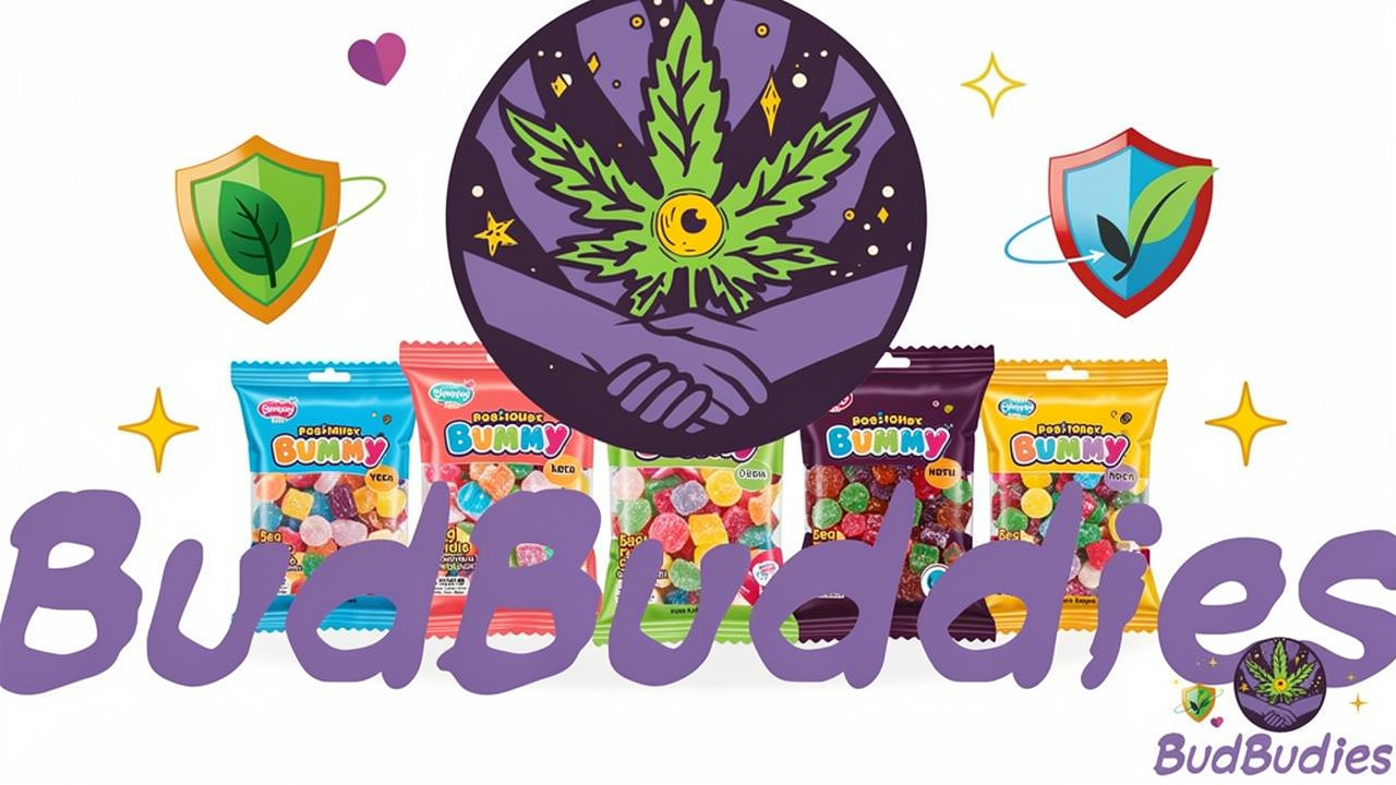 Cartoon shelf of colourful BudBuddies gummy sweet packs