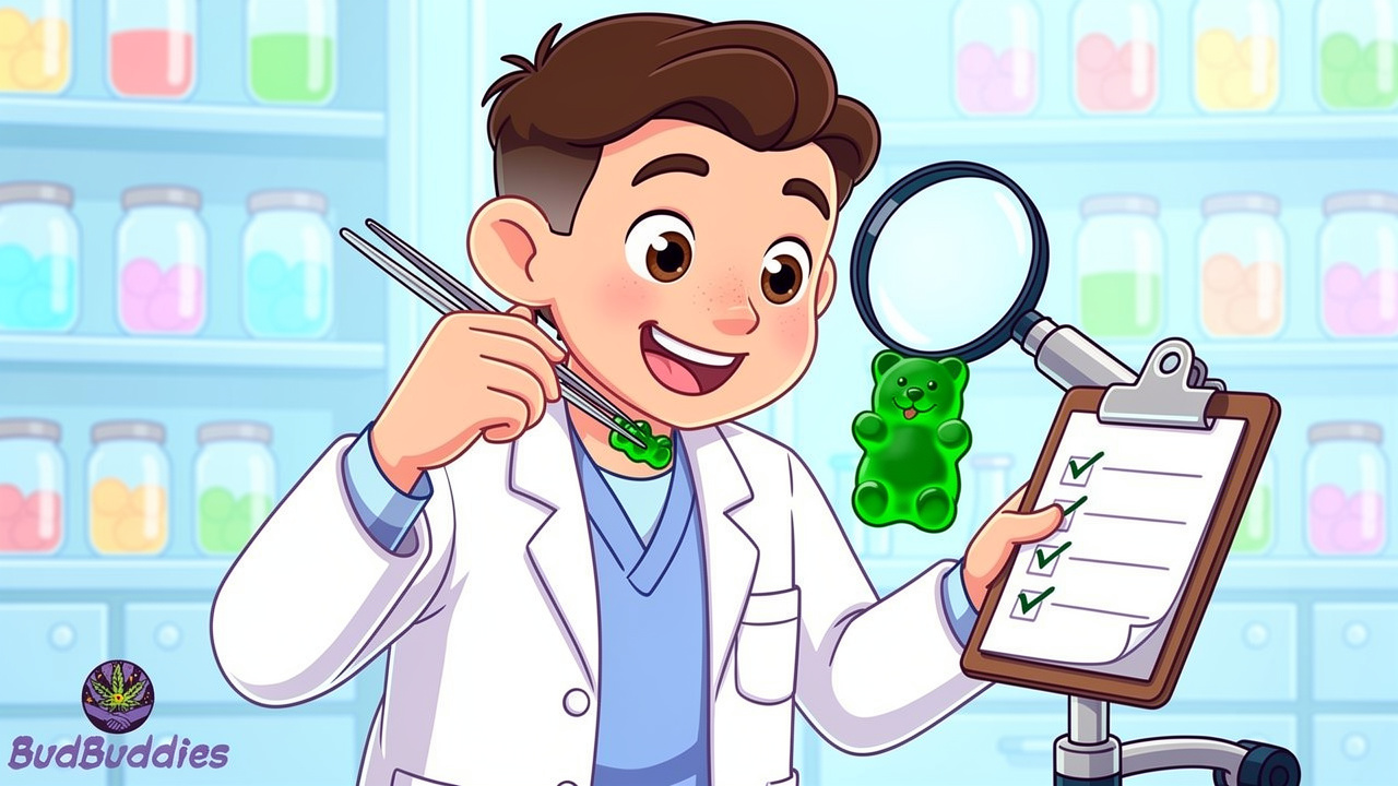 Cartoon scientist inspecting lab-tested cannabis gummy for quality