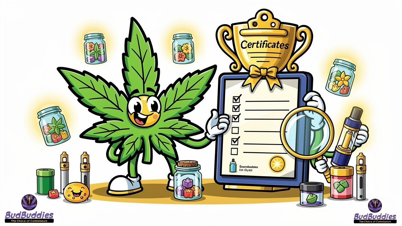Cartoon illustration of lab-tested cannabis product range