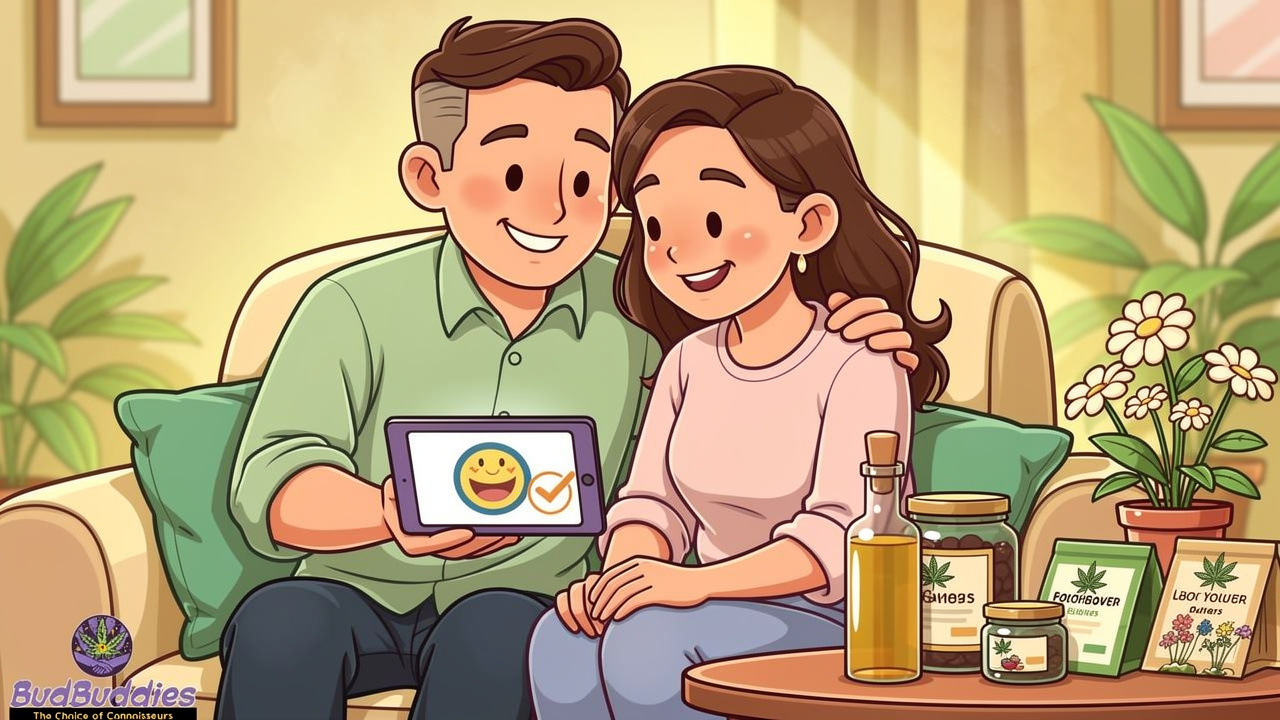 Cartoon couple reviewing lab-tested cannabis products